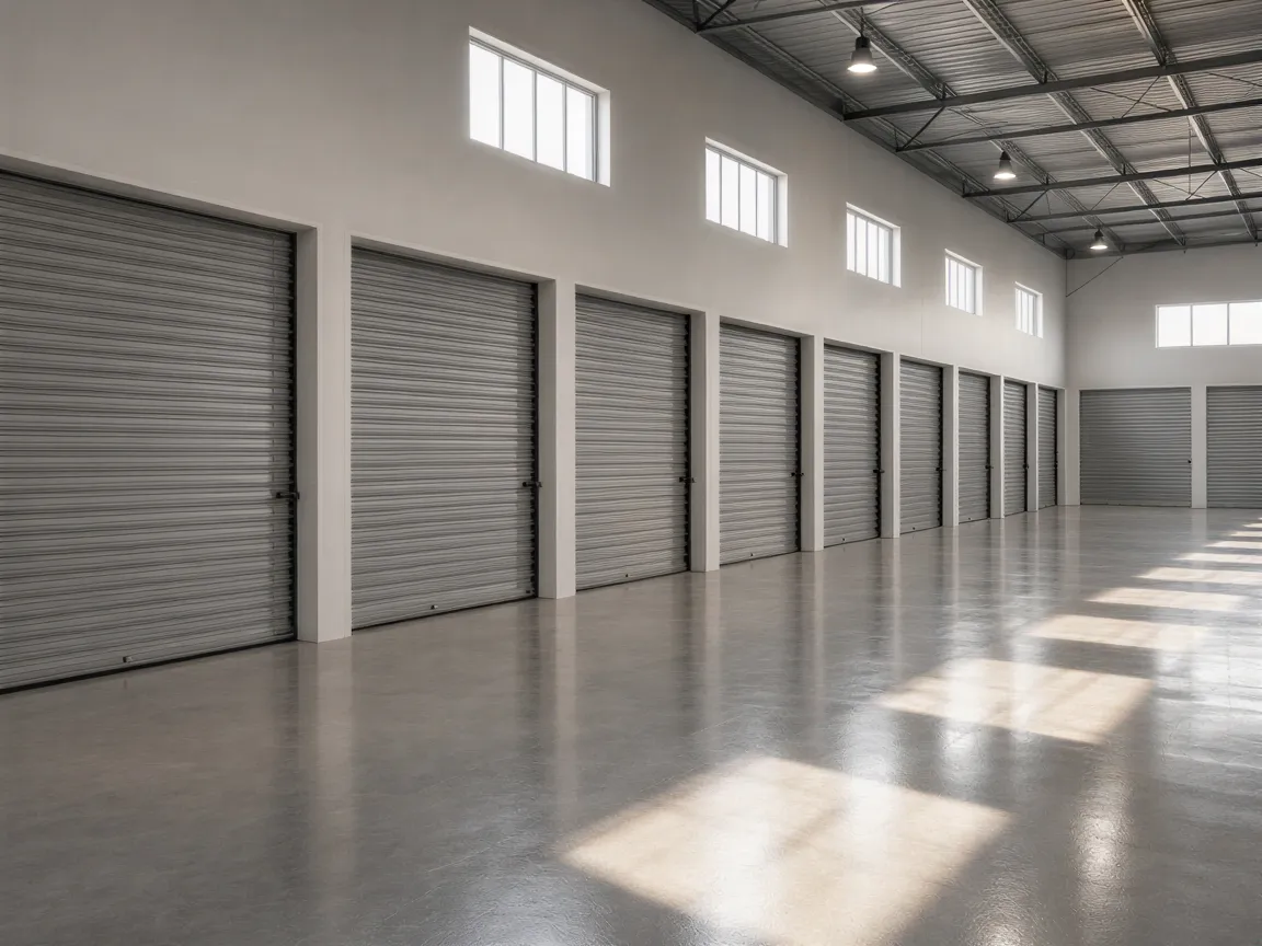 Eine Reihe leerer Stahlschließfächer in einer sauberen Industriehalle mit poliertem Betonboden und hohen Fenstern.