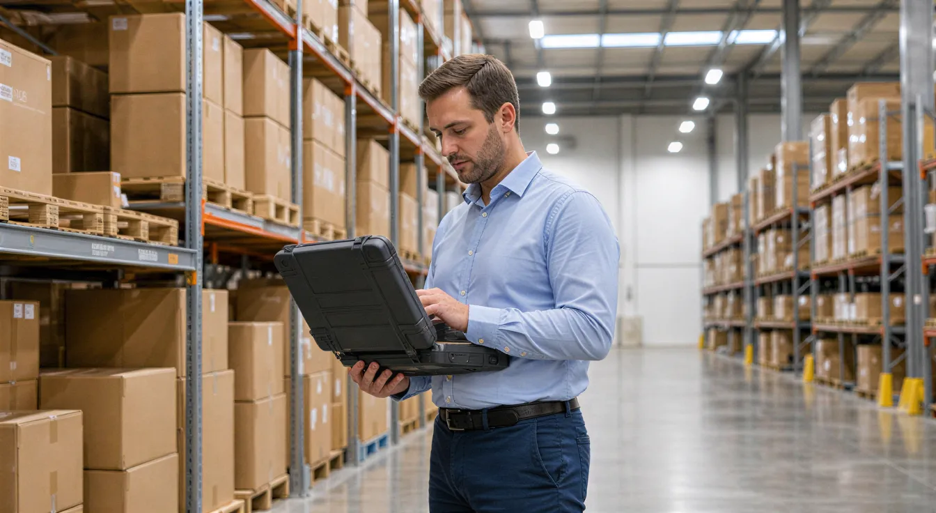 Ein Logistikmanager prüft Inventar in einem sauberen, modernen Lager mit geordneten Regalen.