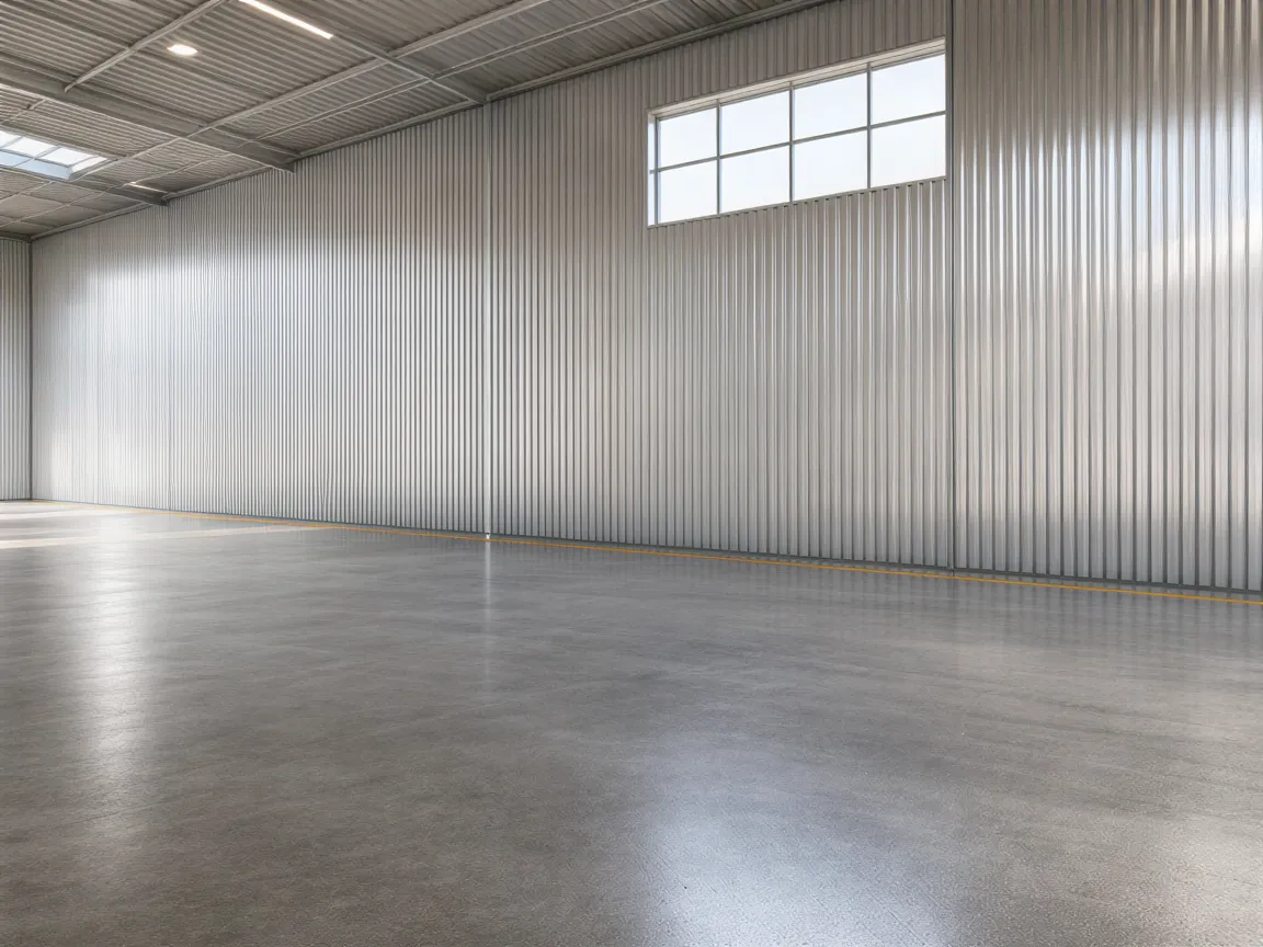 Ein leerer, moderner Industriehallenraum mit glattem Betonboden und einer wellblechverkleideten Wand.