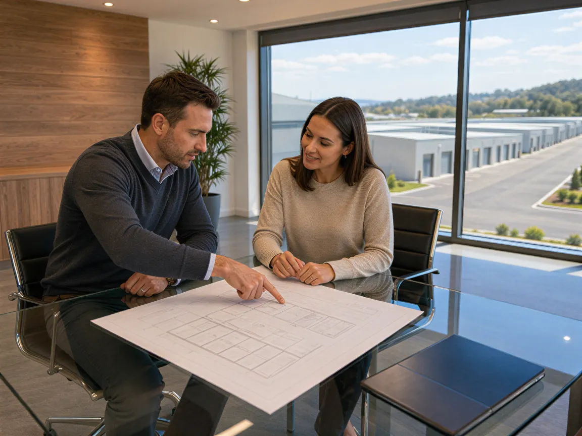Zwei Geschäftsleute besprechen einen Architekturplan an einem Glastisch in einem modernen Büro.