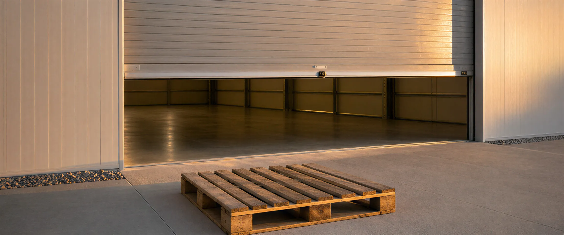 Ein modernes Lagerhaus mit geöffneter Aluminiumtor, leere Palette auf sauberem Betonboden im warmen Abendlicht.