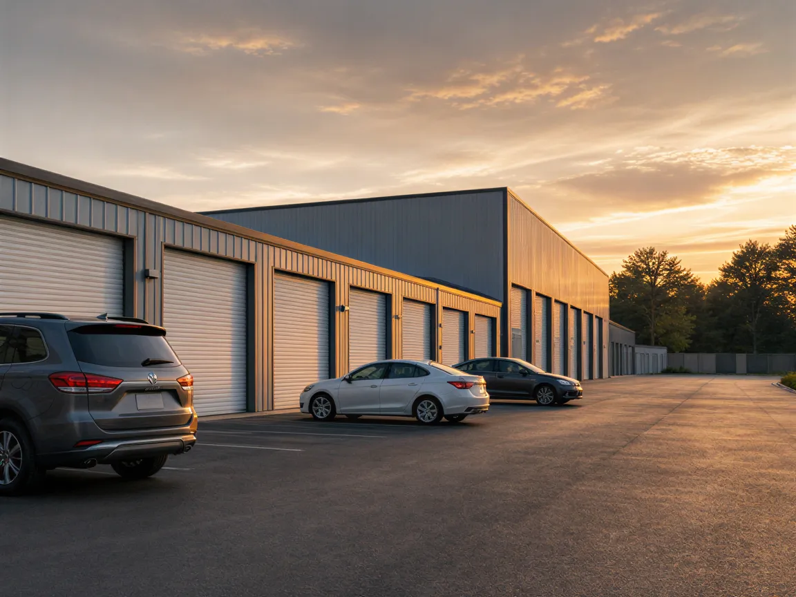 Eine moderne Lagerhalle mit sauberen Garageneinheiten und geparkten Autos bei Sonnenuntergang