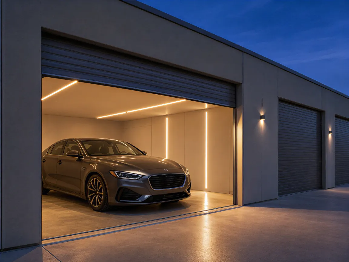 Ein modernes Auto in einer sauberen Lagerhalle bei Dämmerung, beleuchtet von LED-Streifen.