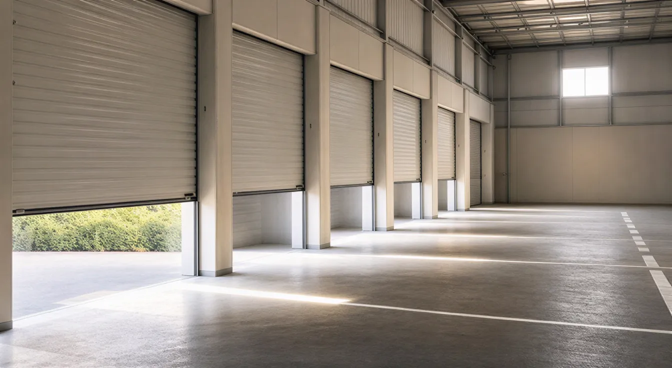 Eine leere Parklücke in einer sonnendurchfluteten, sauberen Industriehalle mit einer Reihe neutraler Garagentore.