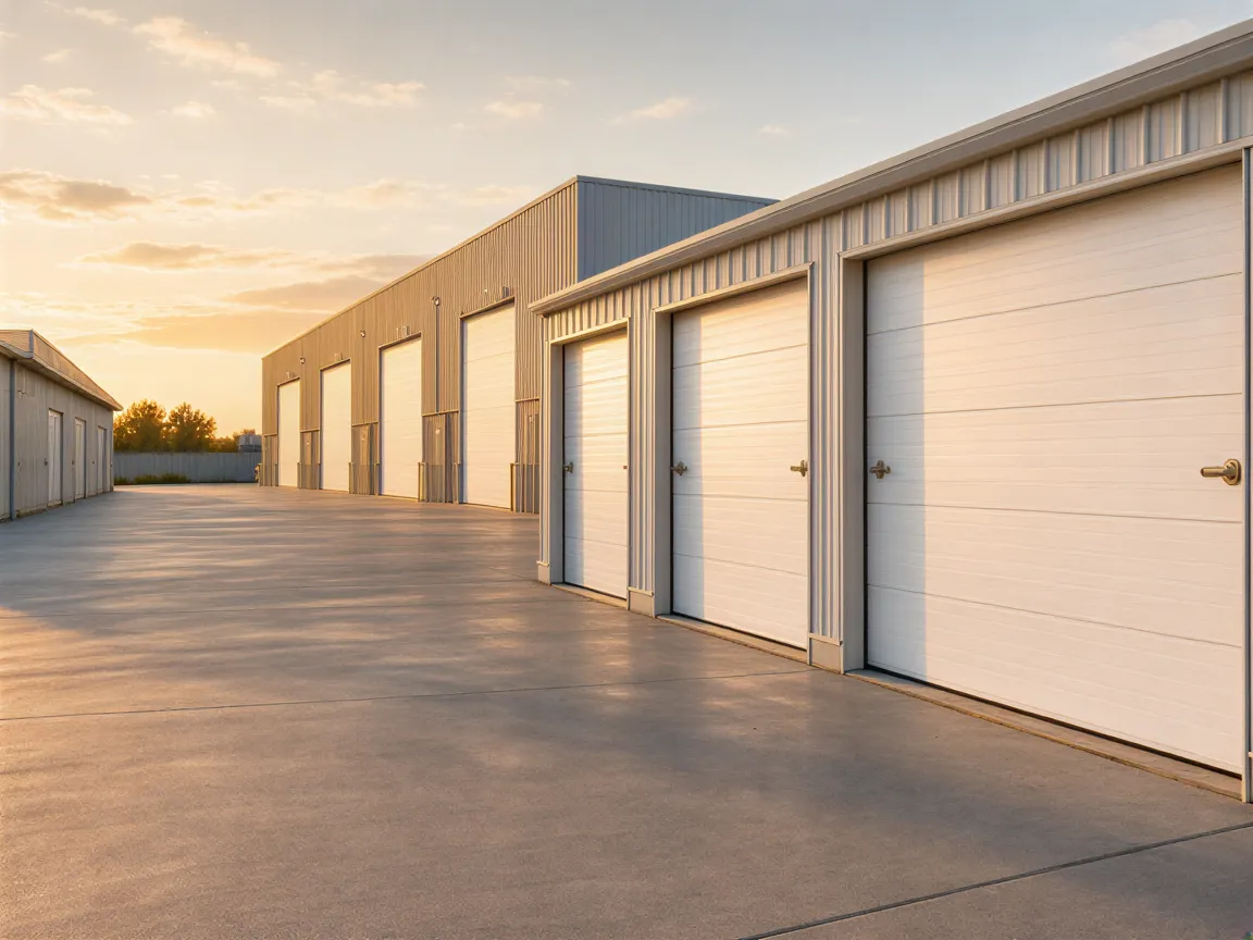 Eine moderne Lagerhalle mit weißen Garagentoren in der Abendsonne, ein sauberer Betonweg führt ins Bild.
