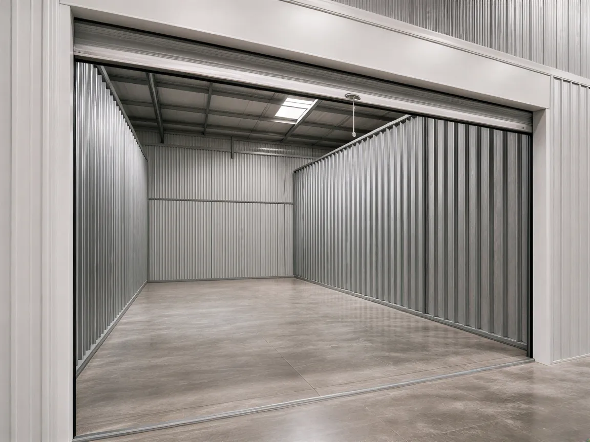 Ein leerer, moderner Lagerraum mit hochgezogener Rolltor in einer Industriehalle mit Betonboden und Wellblechwänden.