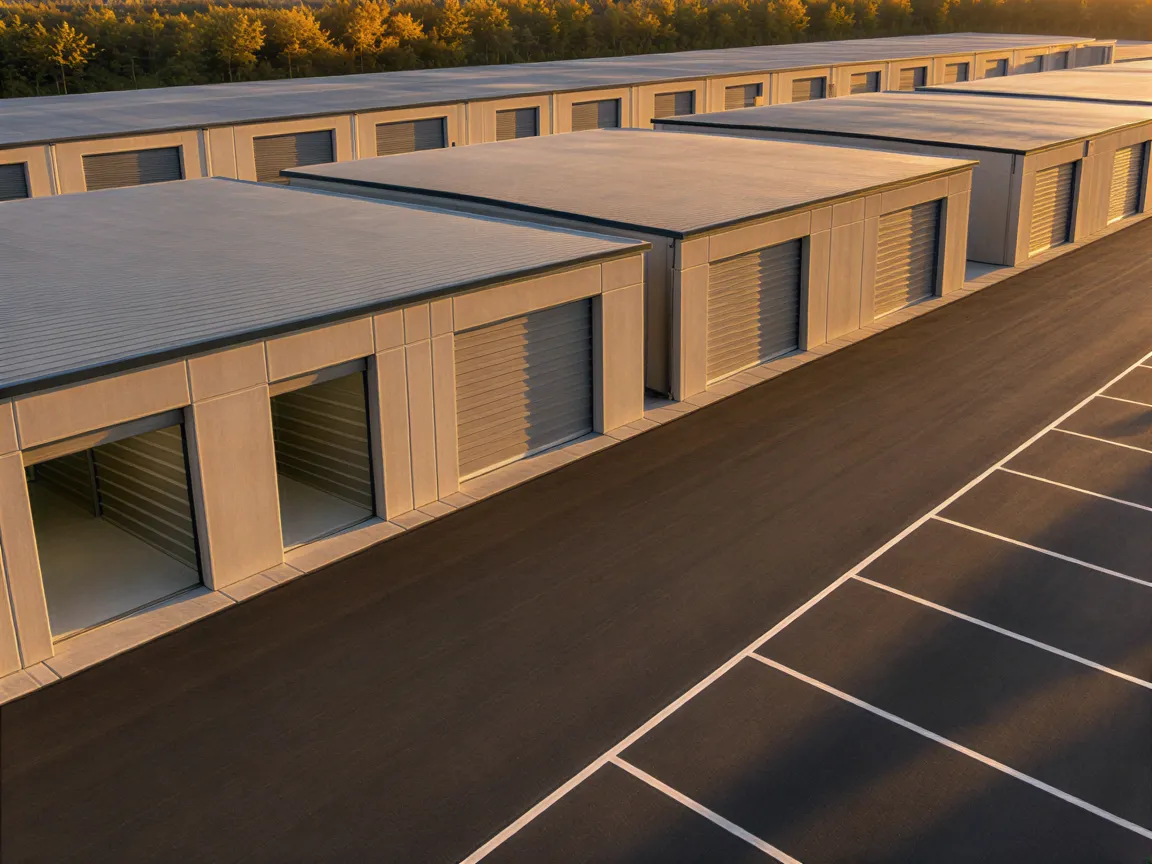 Eine Luftaufnahme eines modernen Lagerareals mit sauberen Garagenreihen auf Asphalt bei Sonnenuntergang.