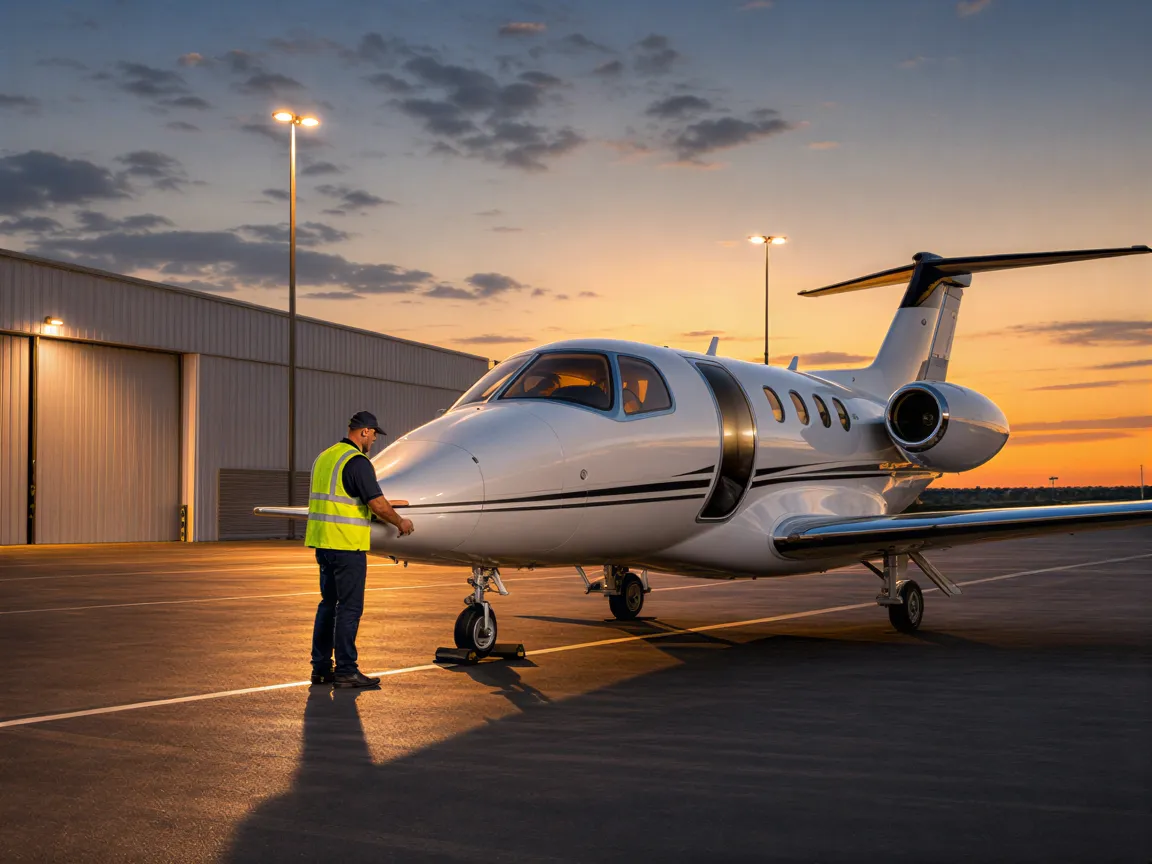 Ein Bodenmitarbeiter führt einen Sicherheitscheck an einem kleinen Privatjet auf einem Flugzeugstellplatz bei Dämmerung