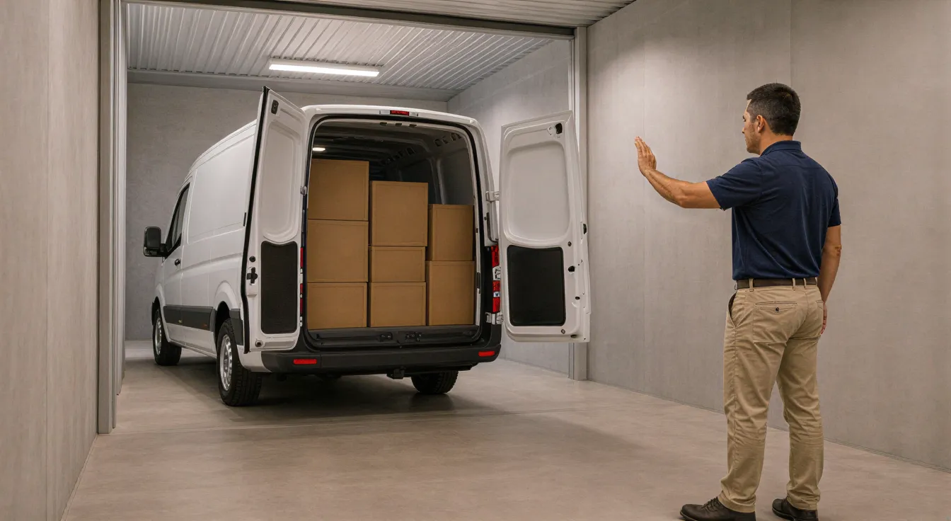 Ein weißer Lieferwagen wird rückwärts in eine helle Lagerbox eingeparkt, während ein Mitarbeiter den Fahrer einweist.