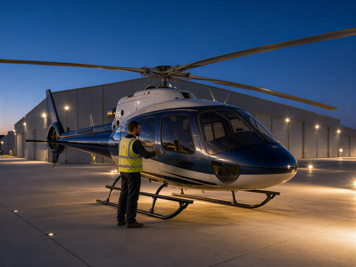 Ein Mitarbeiter in Warnweste führt eine Sicherheitsprüfung an einem Hubschrauber auf einem beleuchteten Flugfeld bei