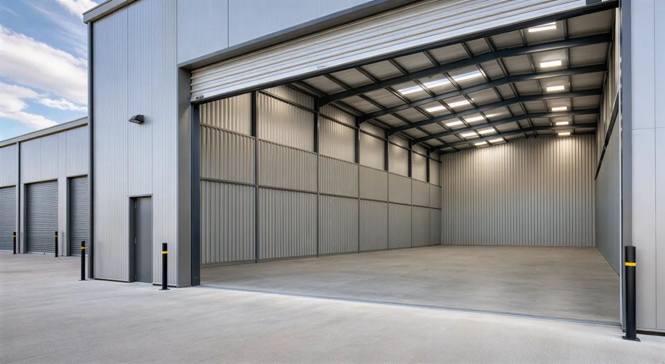 Ein leerer, beleuchteter Garagenstellplatz in einer sauberen Industriehalle mit hohen Decken und geöffnetem Rolltor.