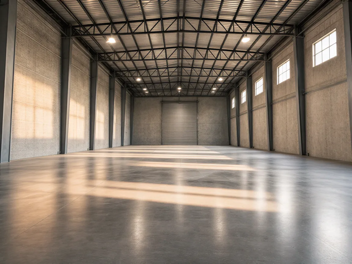 Ein leerer, moderner Industriehallenraum mit glattem Betonboden und Lichtstrahlen von hohen Fenstern.