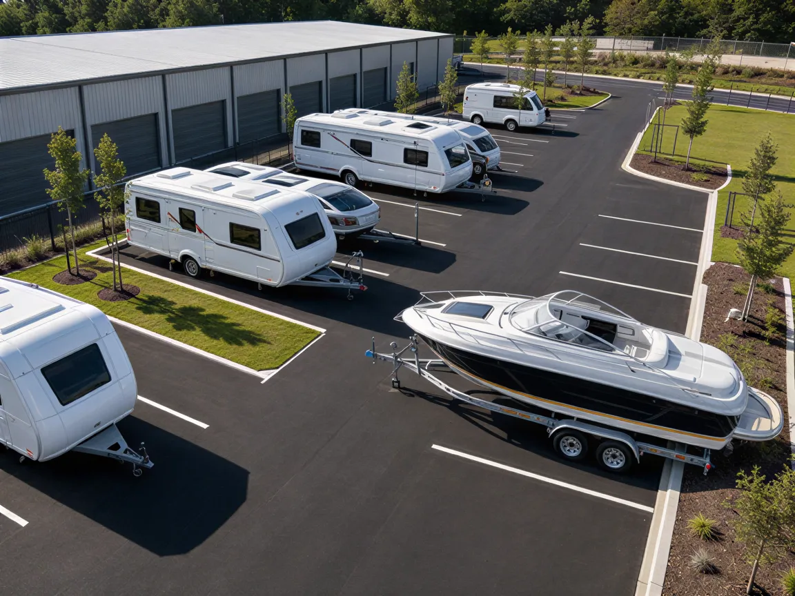 Ein modernes Lagerareal mit sauberem Parkplatz, auf dem mehrere Wohnwagen und ein Boot ordentlich abgestellt sind.