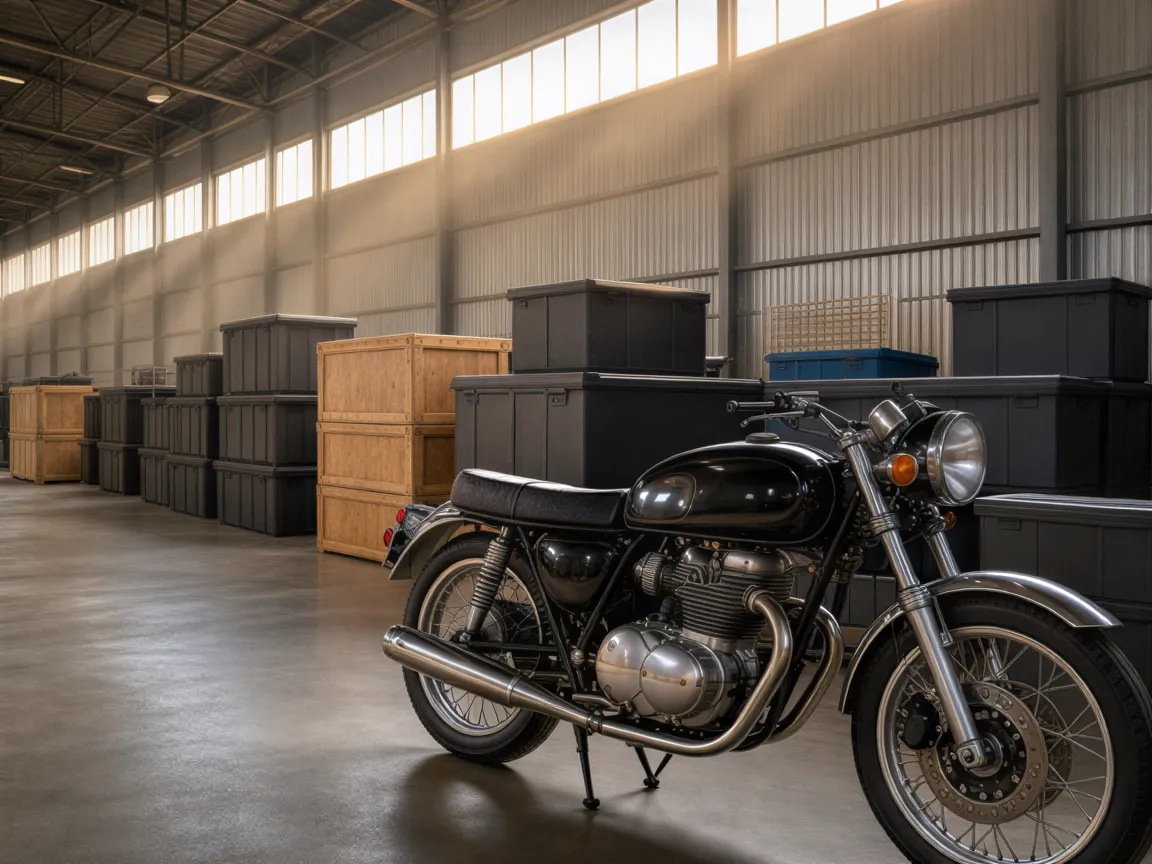 Ein poliertes Vintage-Motorrad steht in einer Lagerhalle neben stapelbaren Kunststoffboxen.