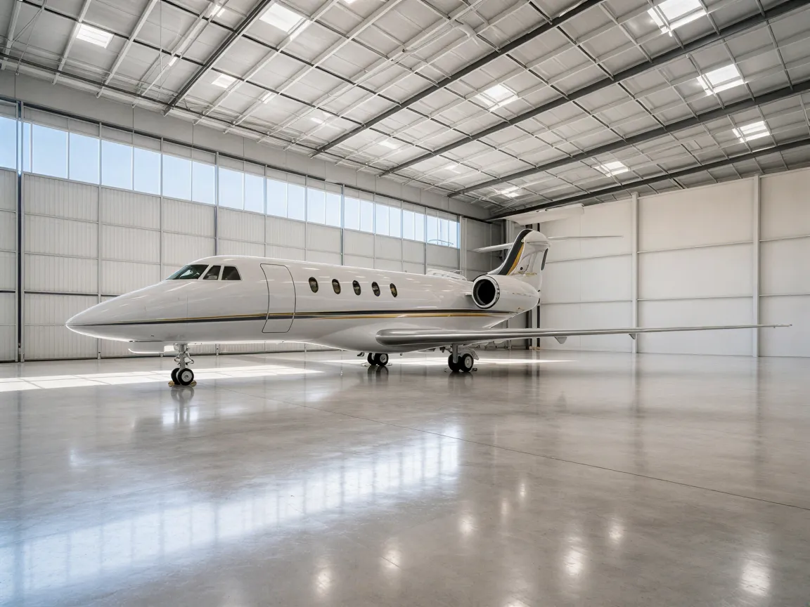 Ein moderner Privatjet steht in einem sauberen, leeren Flugzeughangar mit poliertem Betonboden und großen Fenstern.