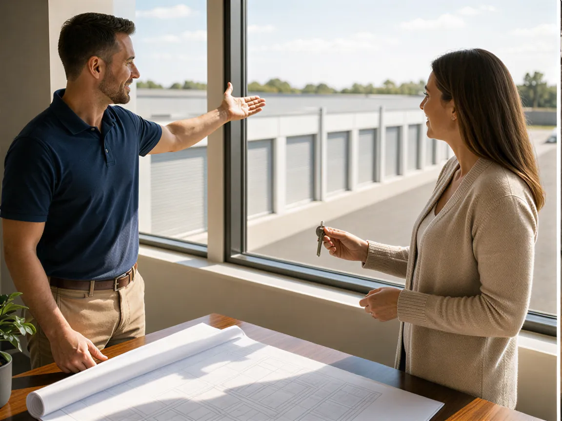 Ein Facility-Manager und eine Kundin besprechen Lagerboxen vor einem großen Fenster in einem modernen Büro.