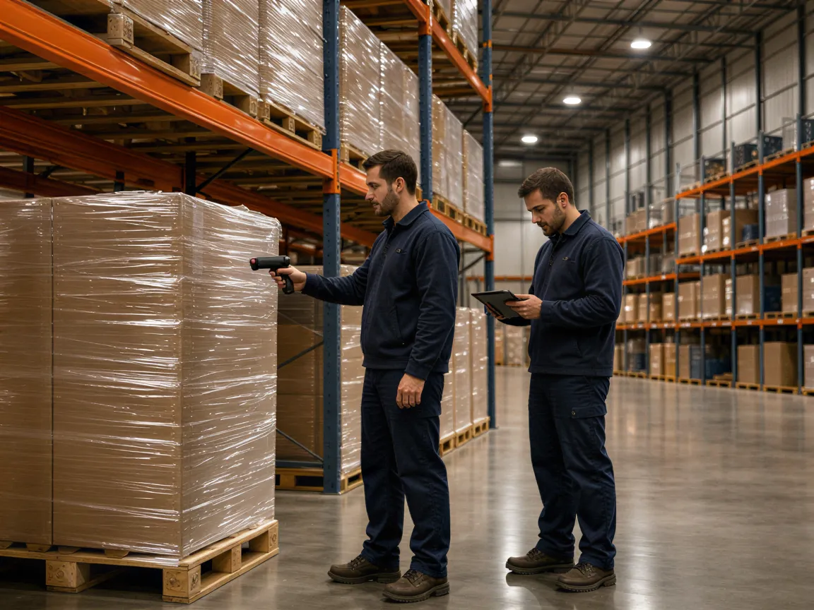 Zwei Lagertechniker in einer sauberen Industriehalle bei Dämmerlicht, einer scannt einen Paletten-Barcode, der andere prüft