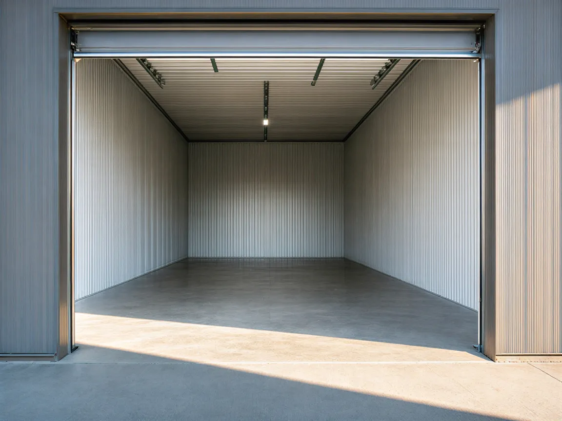 Ein leerer, sauberer Garagenstellplatz mit hellgrauem Betonboden und weißen Metallwänden in einem Lagergebäude.