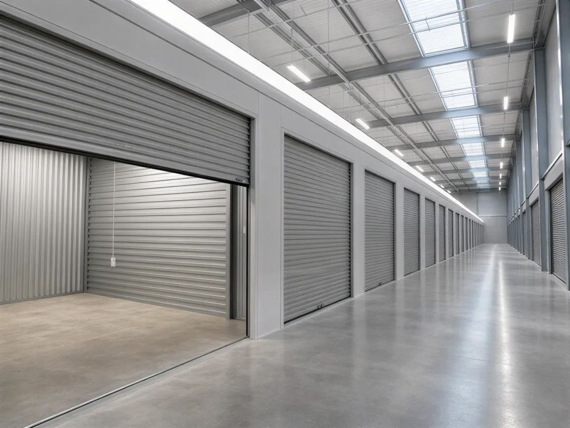 Ein moderner Lagerraum mit hoher Decke, glattem Betonboden und Reihen identischer Metallboxen in neutralem Grau.