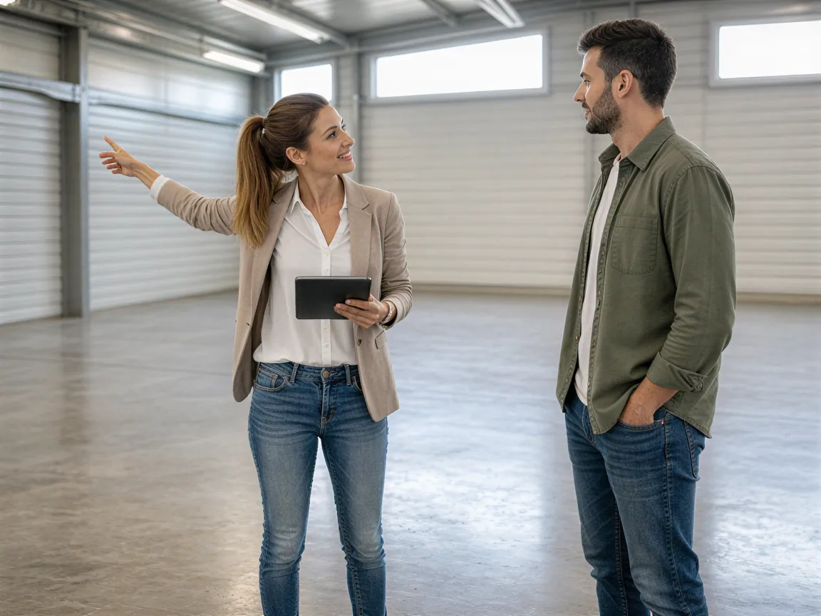 Eine Kundin und ein Kunde besprechen Lagerungsoptionen in einer hellen, modernen Lagerhalle.