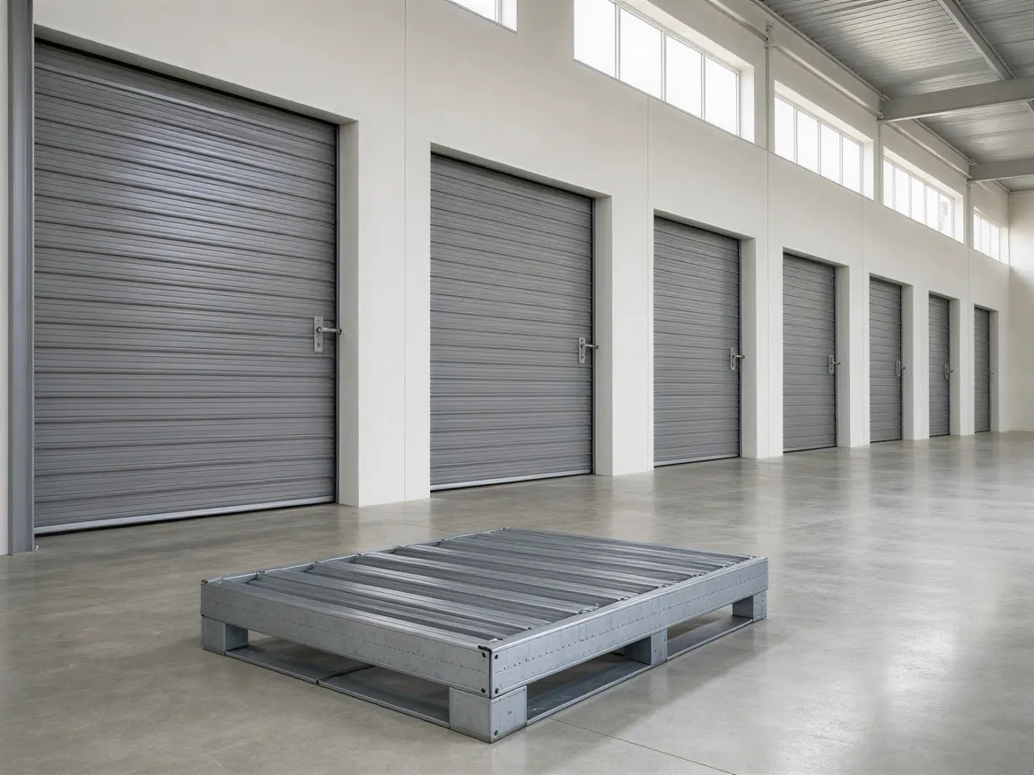 Eine Person in Arbeitskleidung prüft einen Werkzeugkoffer in einer sauberen, organisierten Industriehalle mit hohen Decken.