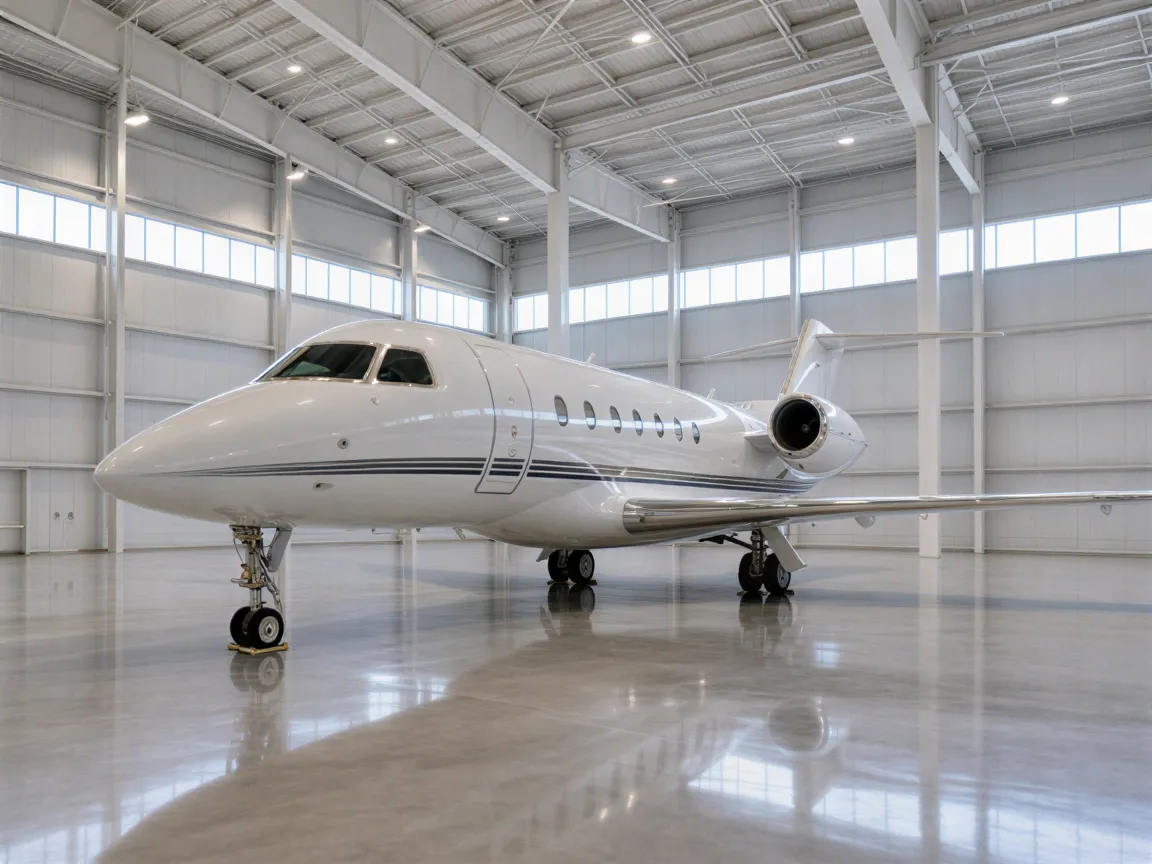 Ein modernes Privatflugzeug steht in einer riesigen, sauberen Flugzeughalle mit poliertem Betonboden.