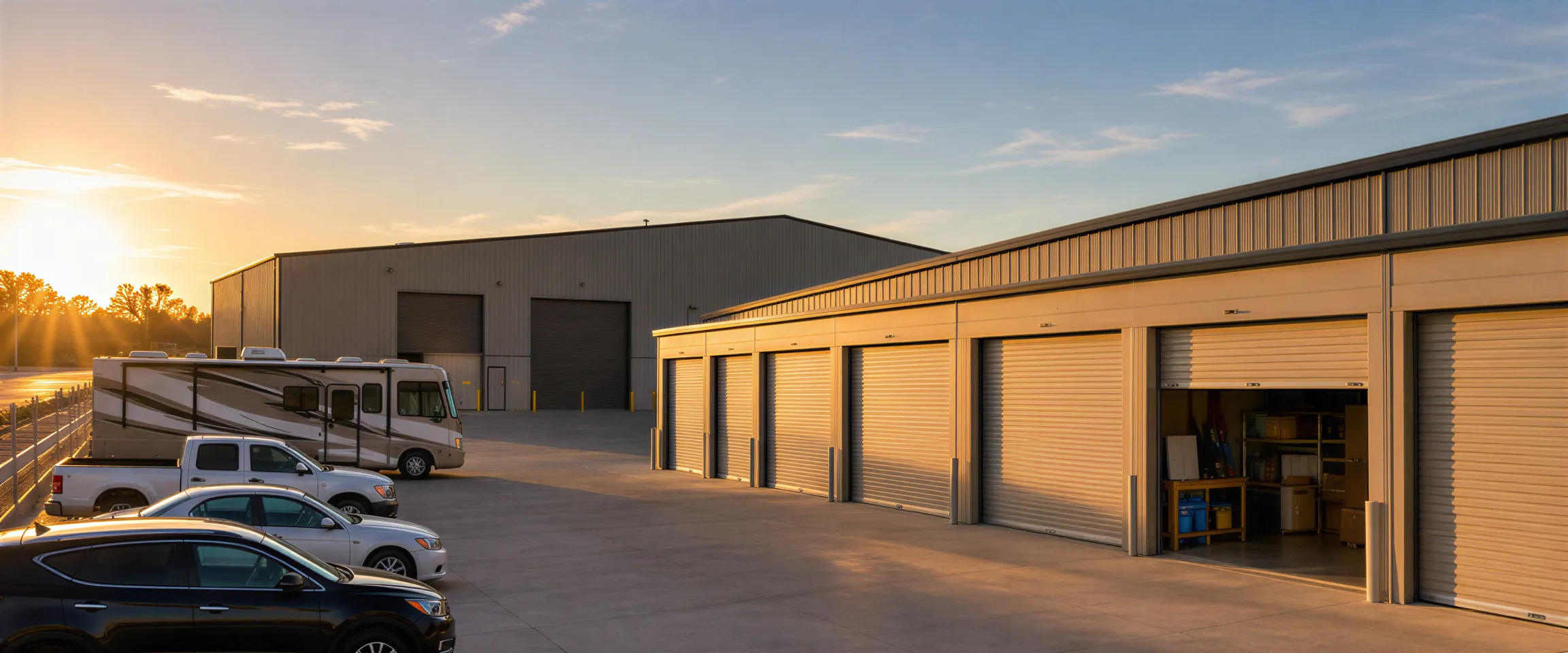 Ein modernes Lagerhaus mit Garagenboxen und geparkten Fahrzeugen in warmem Abendlicht.