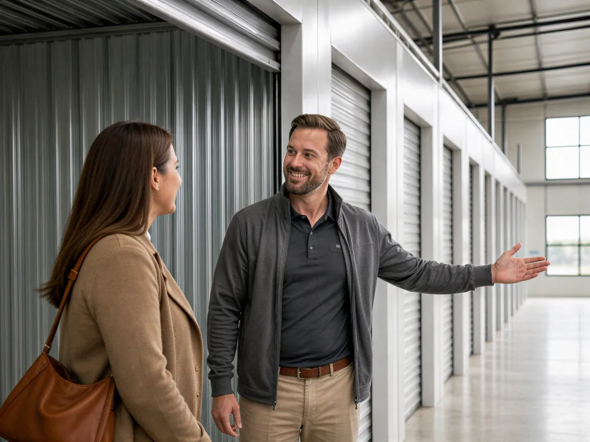 Ein Mann und eine Frau besprechen vor einer weißen Lagereinheit in einer sauberen Industriehalle.