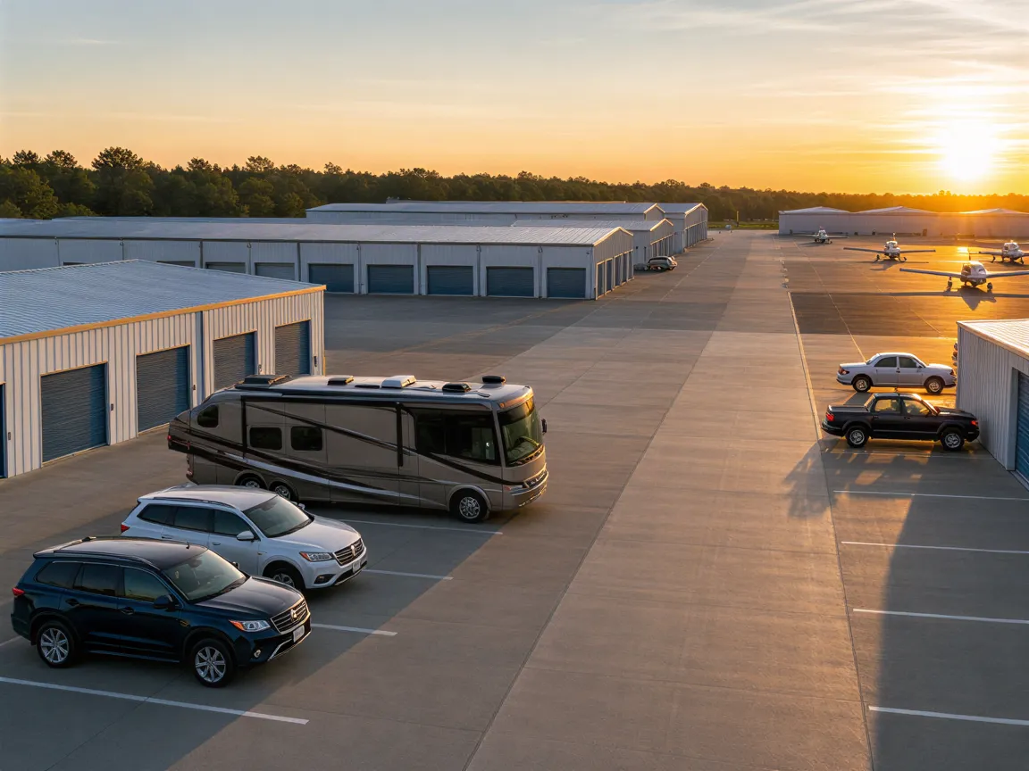 Ein modernes Lagergebäude mit Reihen von Garagen und geparkten Fahrzeugen bei Sonnenuntergang.