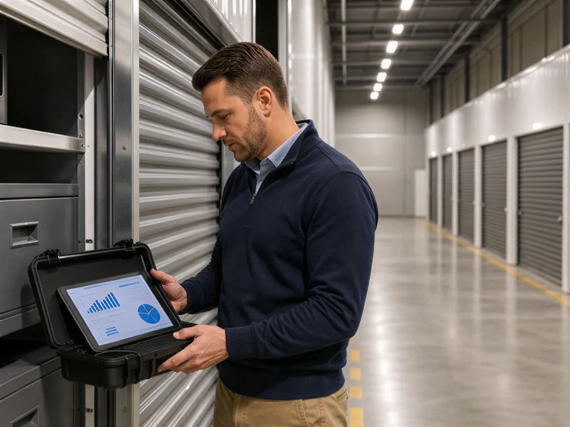 Ein Logistikmanager prüft ein Werkzeugkoffer-Inventar in einem sauberen, geordneten Industrielager.