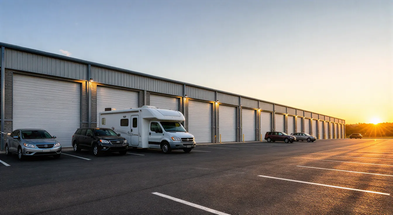 Saubere Industriehallen mit Rolltoren bei Sonnenuntergang, davor Parkplatz mit Fahrzeugen.