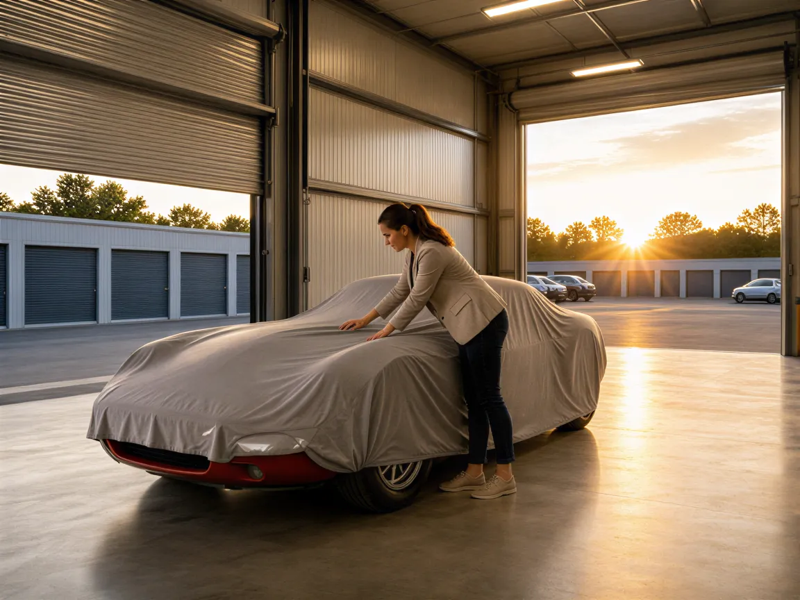 Eine Lagerhallenleiterin prüft ein abgedecktes Sportauto in einer sauberen, modernen Industriehalle bei Sonnenuntergang.