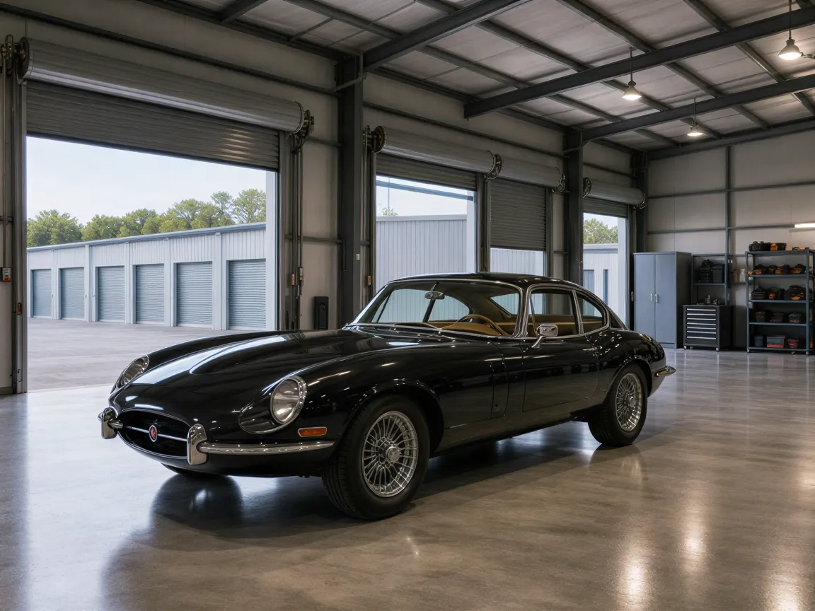 Ein luxuriöses Oldtimer-Auto steht in einer sauberen, modernen Industriehalle mit poliertem Betonboden und hohen Decken.