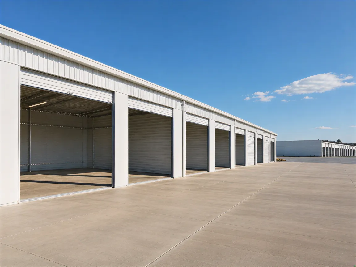 Ein modernes Lagergebäude mit weißen Hallen unter blauem Himmel, saubere Einfahrt und geöffnete Tore.