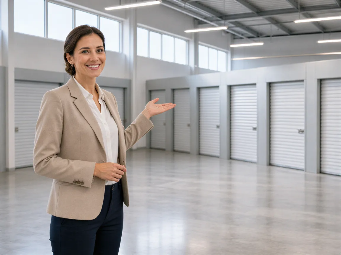 Eine Businessfrau lächelt und zeigt auf sichere Lagerboxen in einem hellen, modernen Lagerraum.