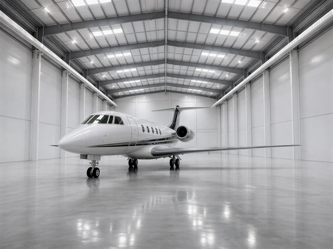 Ein moderner Privatjet steht in einer leeren, sauberen Industriehalle mit poliertem Betonboden und weißen Wänden.
