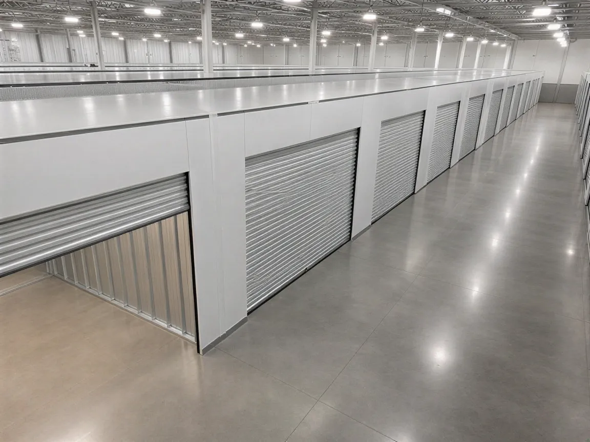 Eine Reihe geschlossener Metalllagerboxen in einem sauberen, modernen Lagerhaus mit geöffneter Tür im Vordergrund.