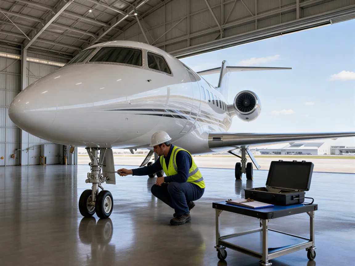 Ein Flugzeugtechniker führt eine Flugzeuginspektion in einer modernen Flugzeughalle mit weißem Privatjet durch.