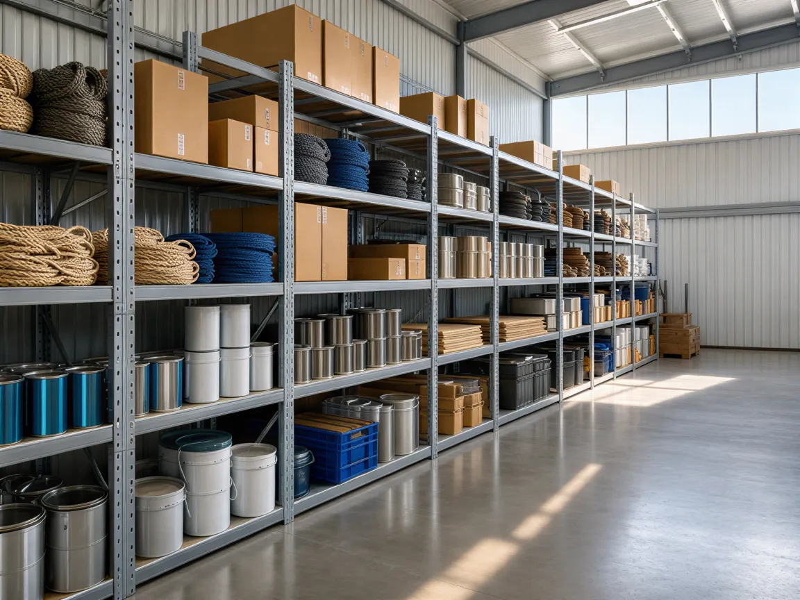 Ein geräumiger Industrie-Lagerhallenraum mit ordentlich bestückten Metallregalen voller Werkzeuge und Baumaterialien.