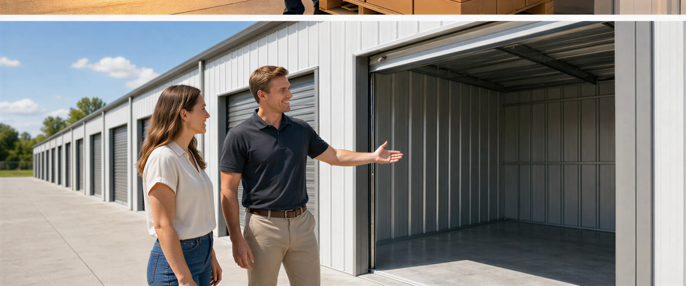 Ein Facility Manager und ein Kunde stehen vor einer offenen Lagerbox in einer sauberen Lagerhalle.