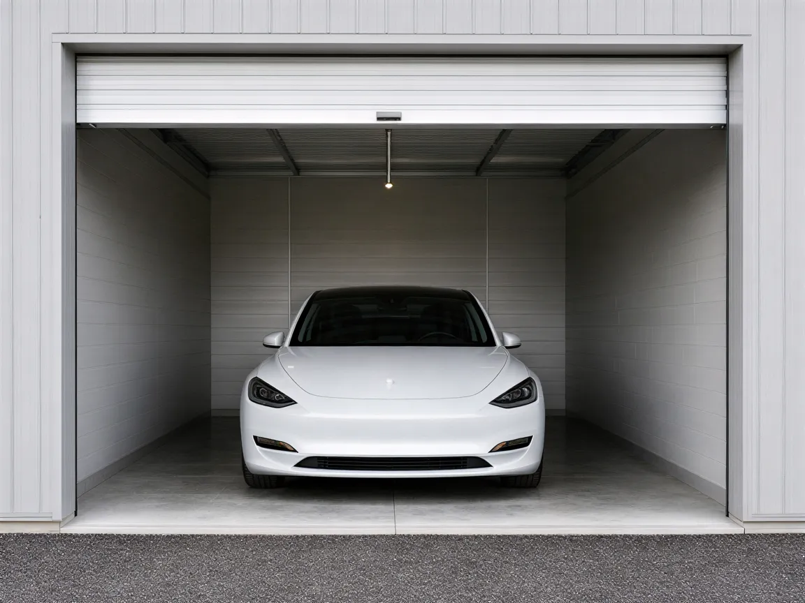 Ein modernes Elektroauto steht zentriert in einer sauberen, hellen Garage mit geöffnetem Rolltor.
