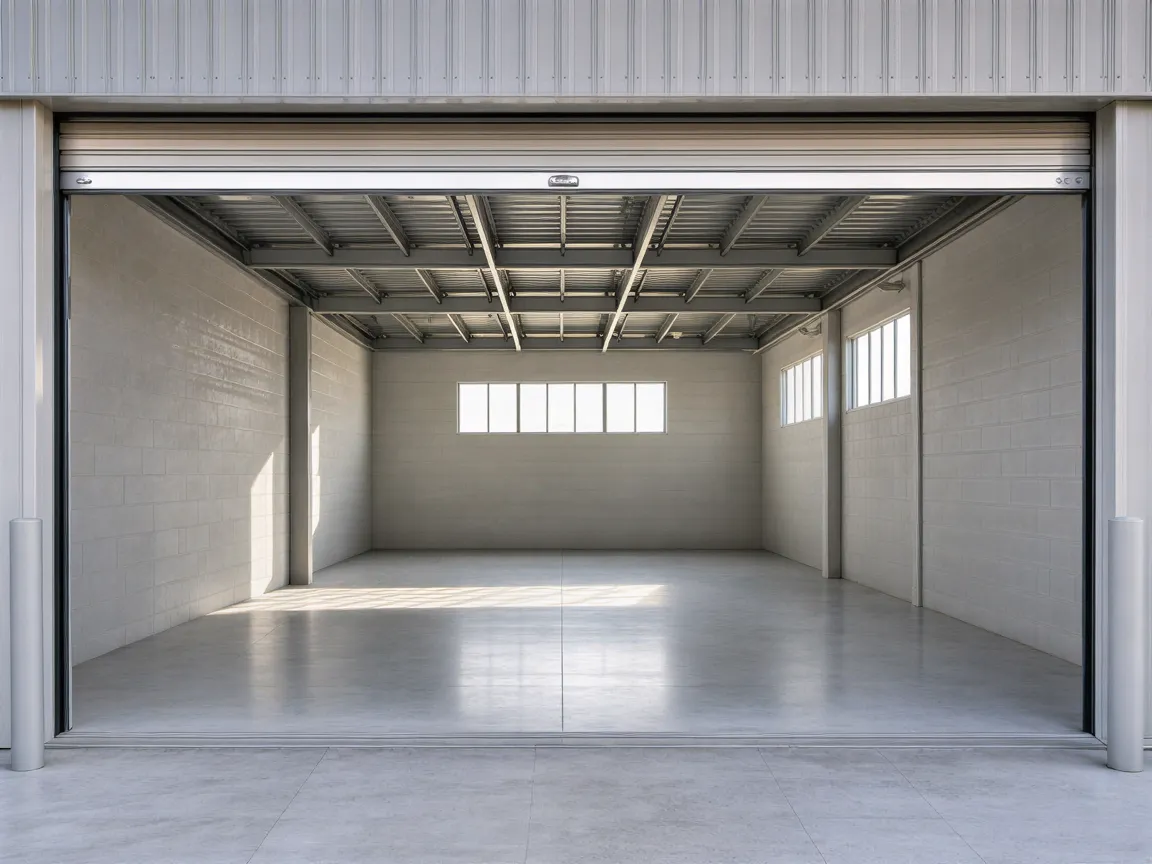 Ein leerer, sauberer Industriegaragenraum mit geöffnetem Rolltor und hellgrauen Betonwänden.