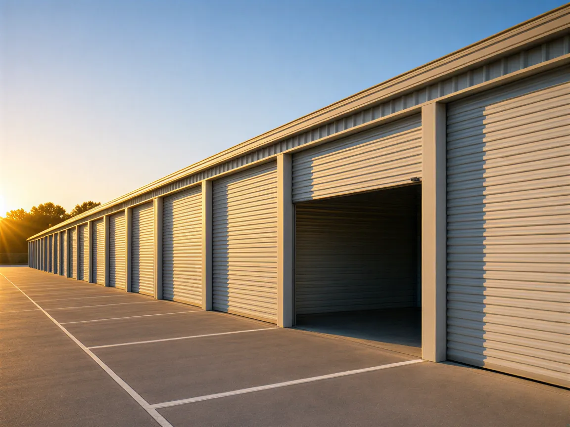 Eine Reihe moderner Garageneinheiten in weichem Grau bei Sonnenuntergang, eine Tür ist geöffnet.
