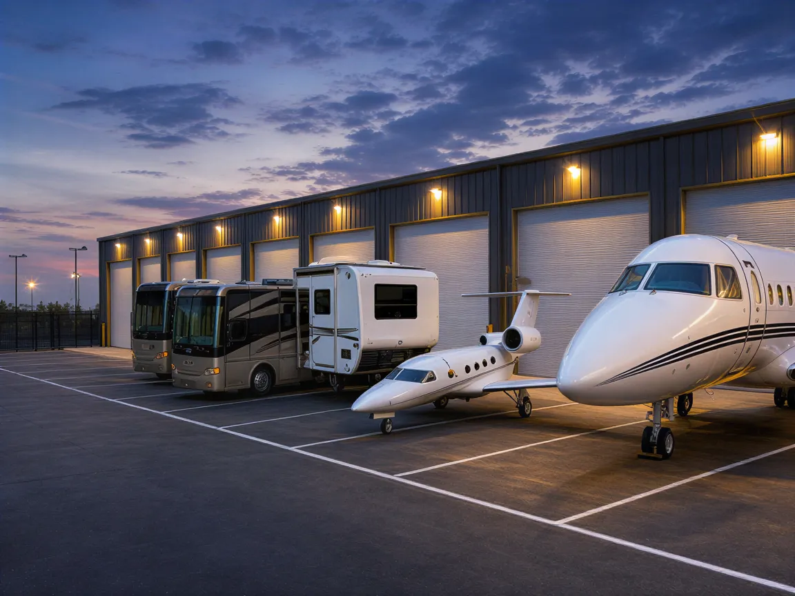 Ein modernes Lagergebäude mit großen Toren bei Dämmerung, davor parken Wohnmobile und ein Privatjet.