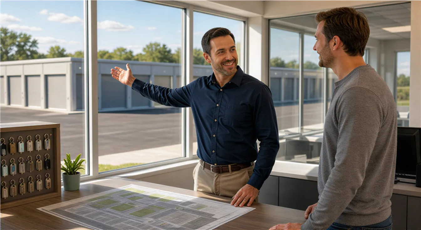 Ein Facility Manager und ein Kunde besprechen einen Lagerplan an einem Schreibtisch mit Blick auf ein Lagerareal.