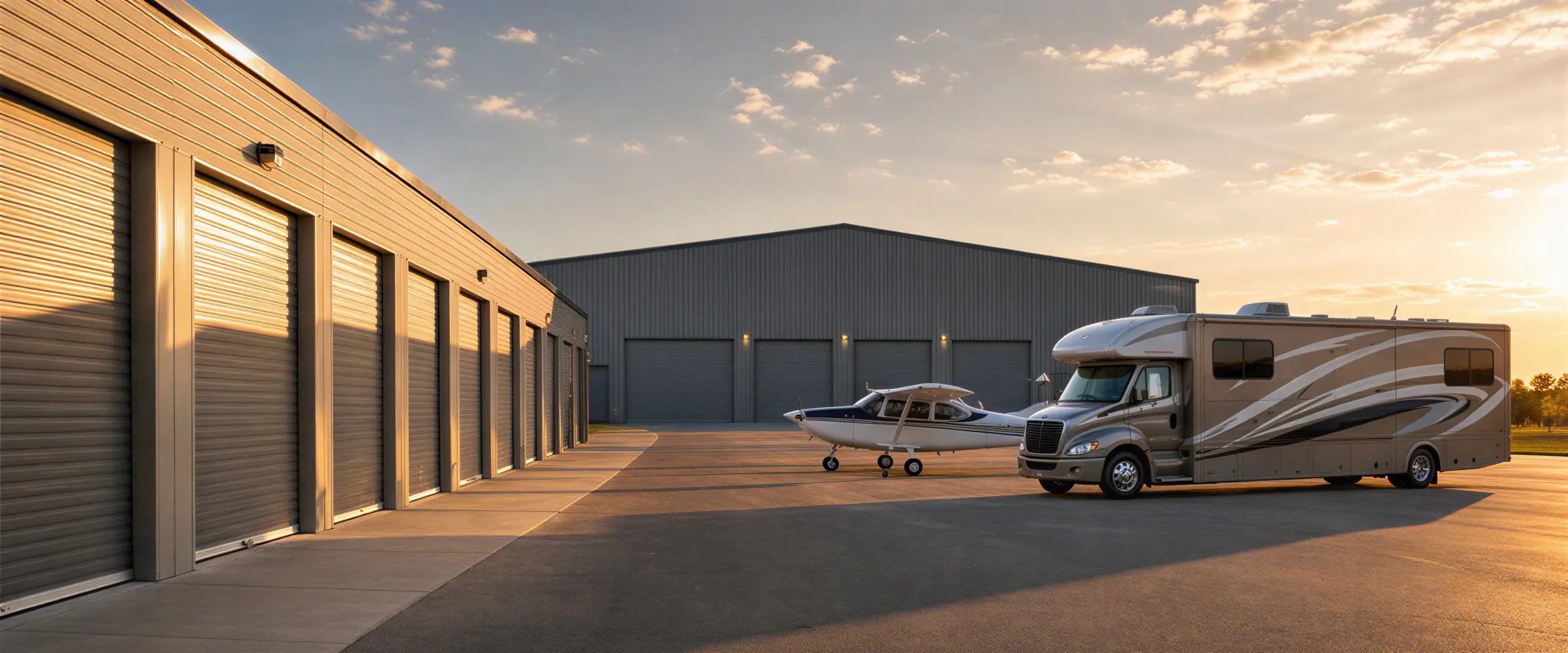 Ein modernes Lagerhaus mit Garagentoren, einem Wohnmobil und einem Flugzeug auf dem Parkplatz bei Sonnenuntergang.