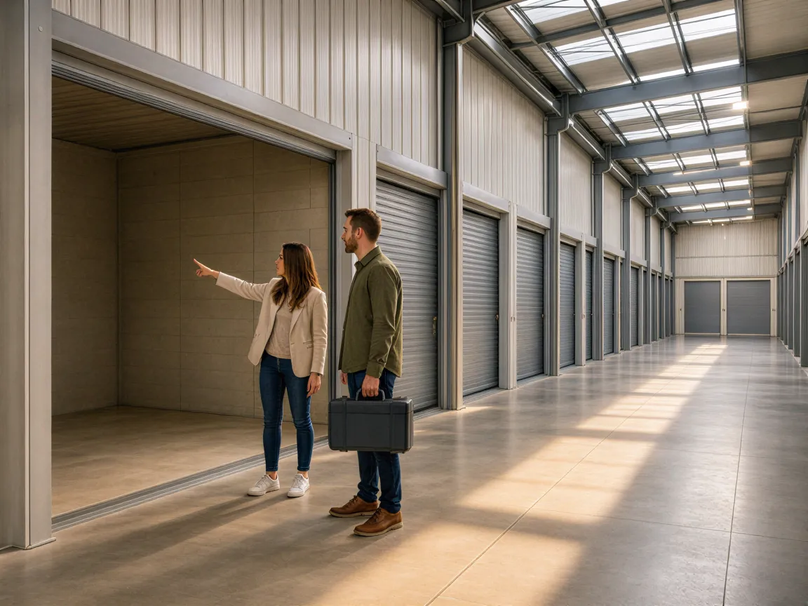 Eine Frau und ein Mann inspizieren einen leeren Lagerraum in einer sauberen Industriehalle mit hohen Decken und Betonböden.