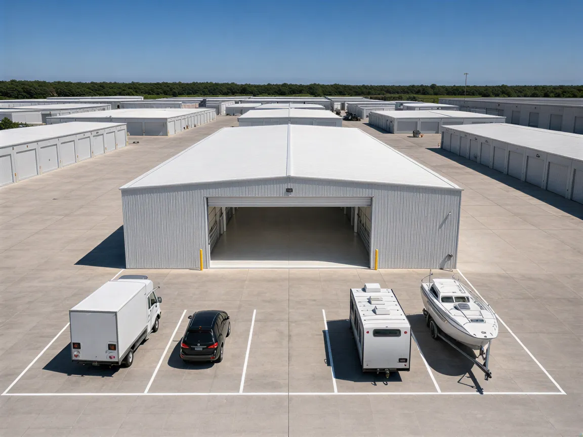 Eine luftige Ansicht eines sauberen Lagerkomplexes mit geöffneter Lagerhalle und geparkten Fahrzeugen.