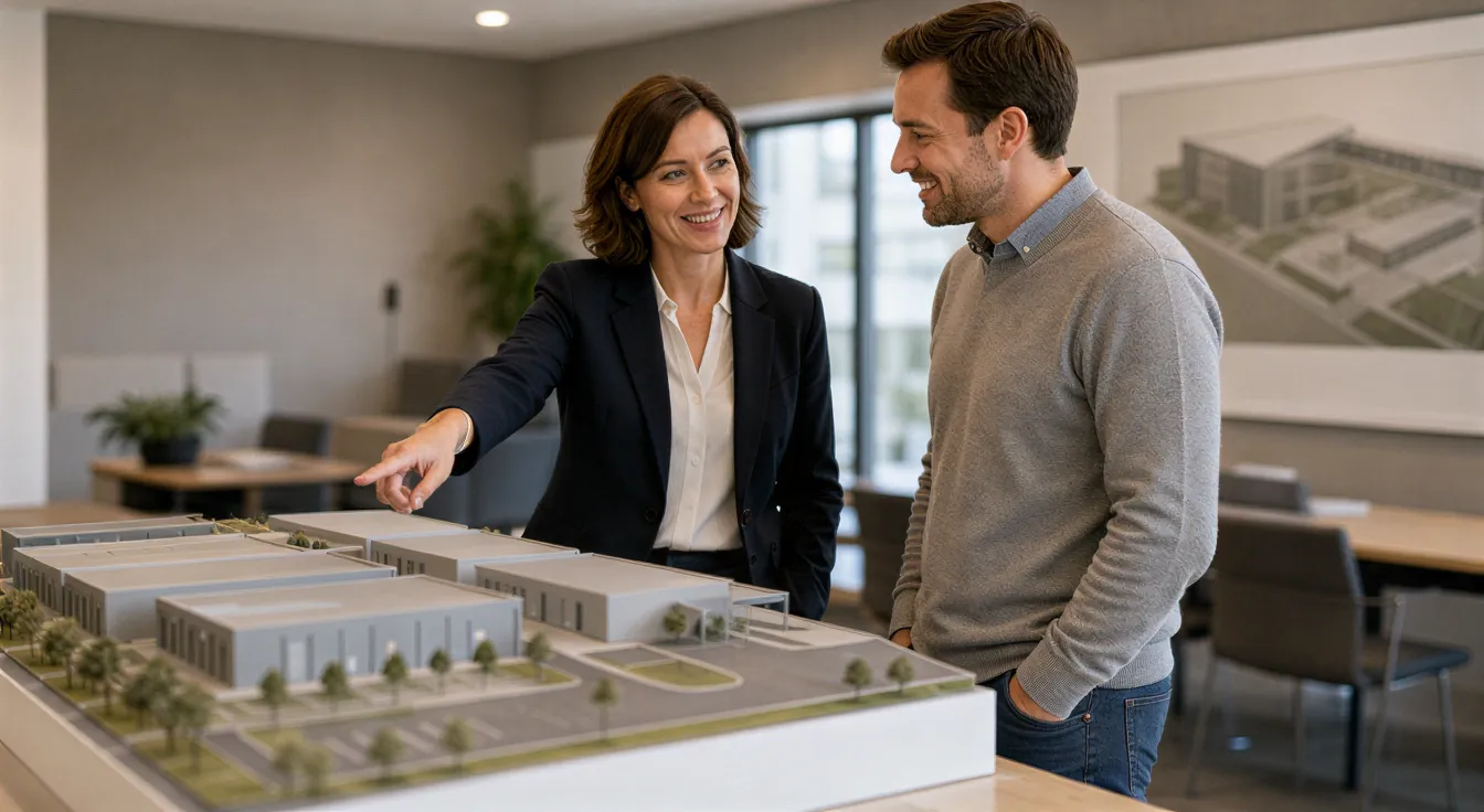 Eine Facility-Managerin zeigt einem zufriedenen Kunden ein Architekturmodell eines Lagerkomplexes auf einem Konferenztisch.