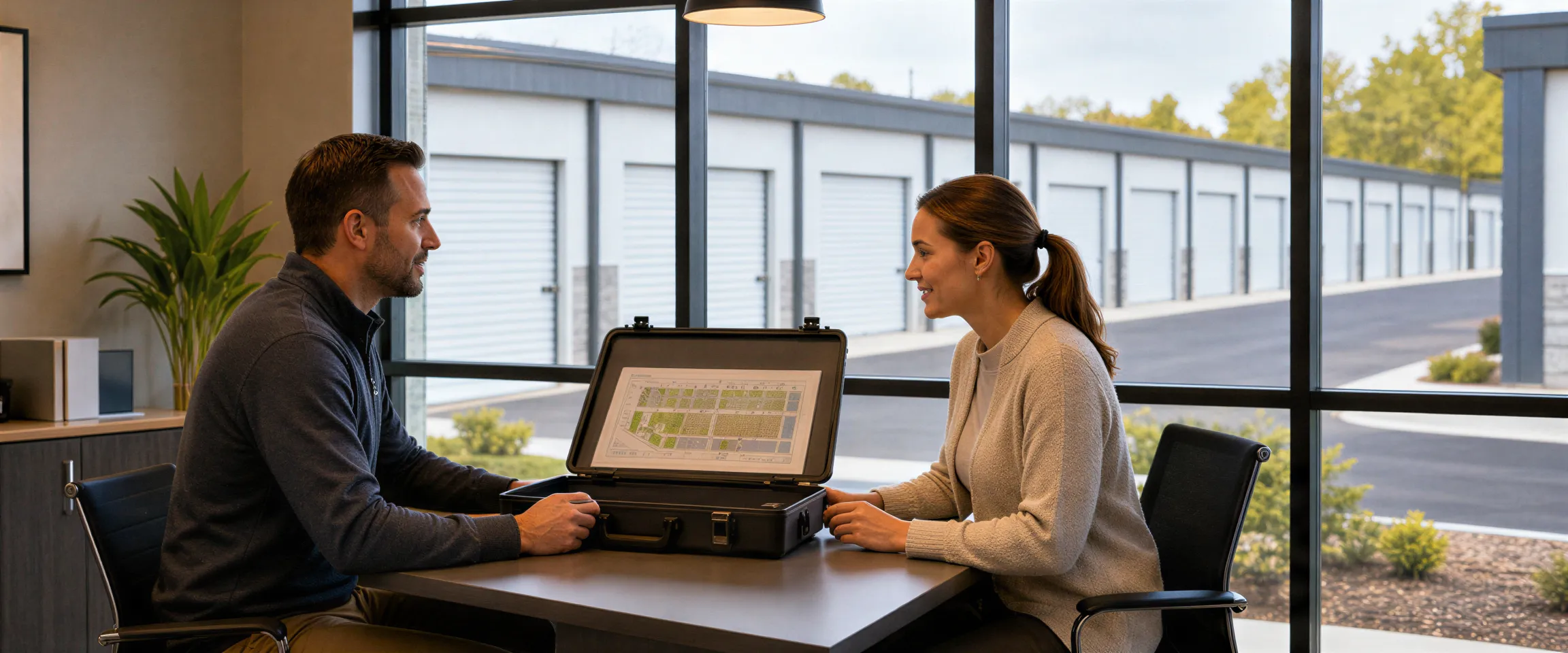 Ein Kunde und eine Lagerhausmanagerin besprechen eine Karte auf einem Schreibtisch mit Blick auf Lagerboxen.